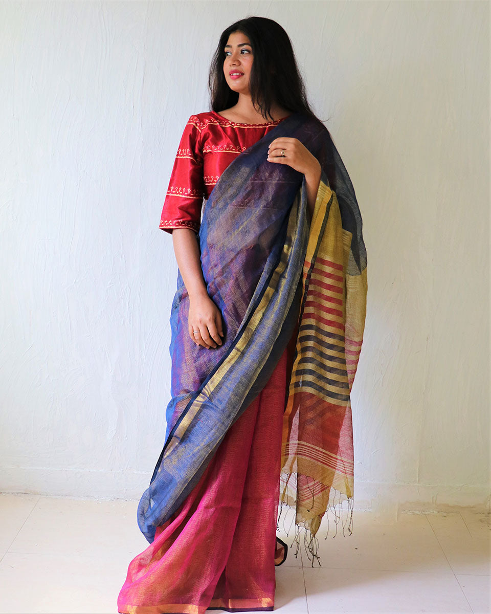 Chidiyaa Afreen Blue Pink Hand Woven Linen Zari Saree with Unstitched Blouse