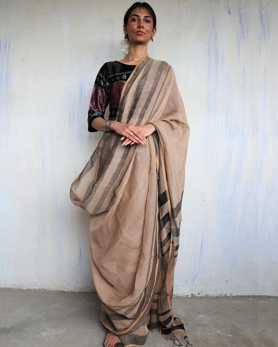 Chidiyaa Rekha Black Striped Brown Handwoven Linen Saree