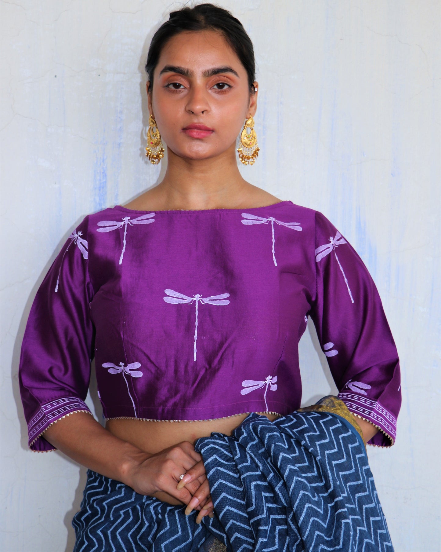 Chidiyaa Violet Dragonfly Block Printed Chanderi Blouse - Soni