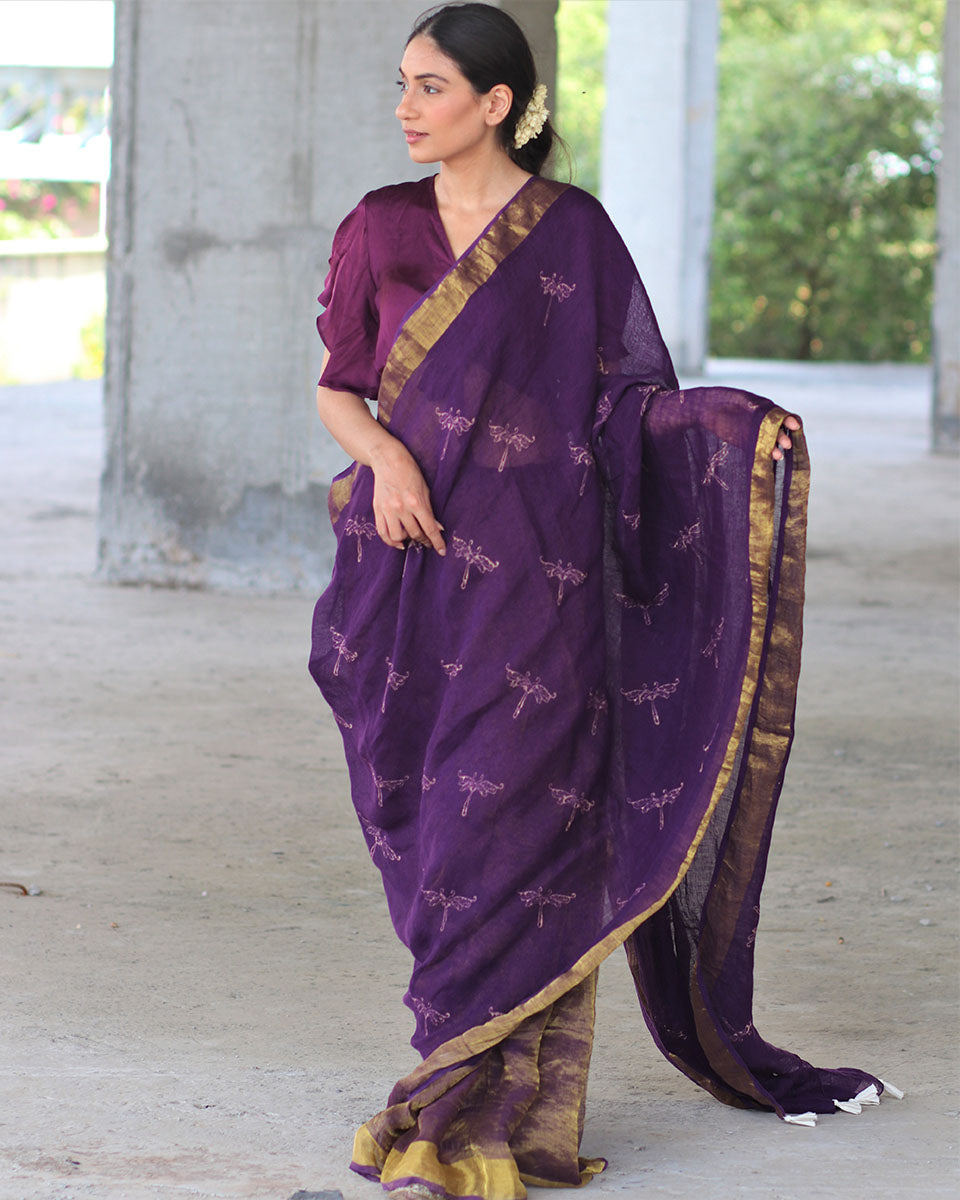 Chidiyaa Anant Purple Block Printed Handwoven Linen Zari Saree
