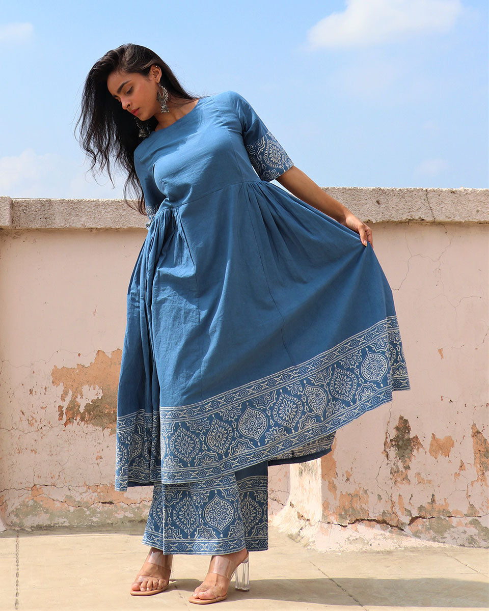 CHIDIYAA Blue Block printed Kurta Set (Set of 2)