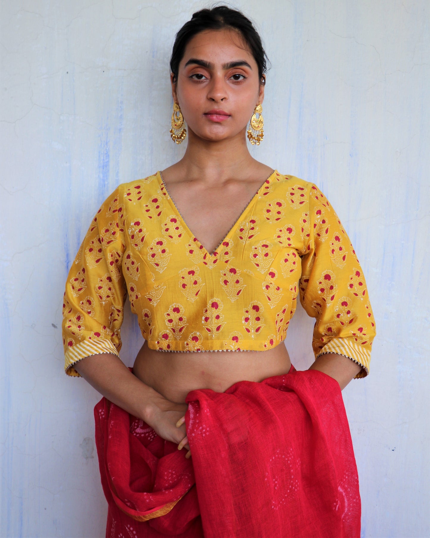 Chidiyaa Yellow Blooms Block Printed Chanderi Blouse - Soni