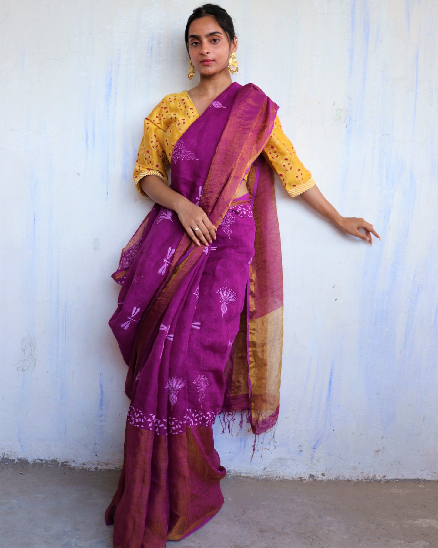 Chidiyaa Mubarakan Purple Handwoven Linen Zari Saree with Unstitched Blouse - Soni