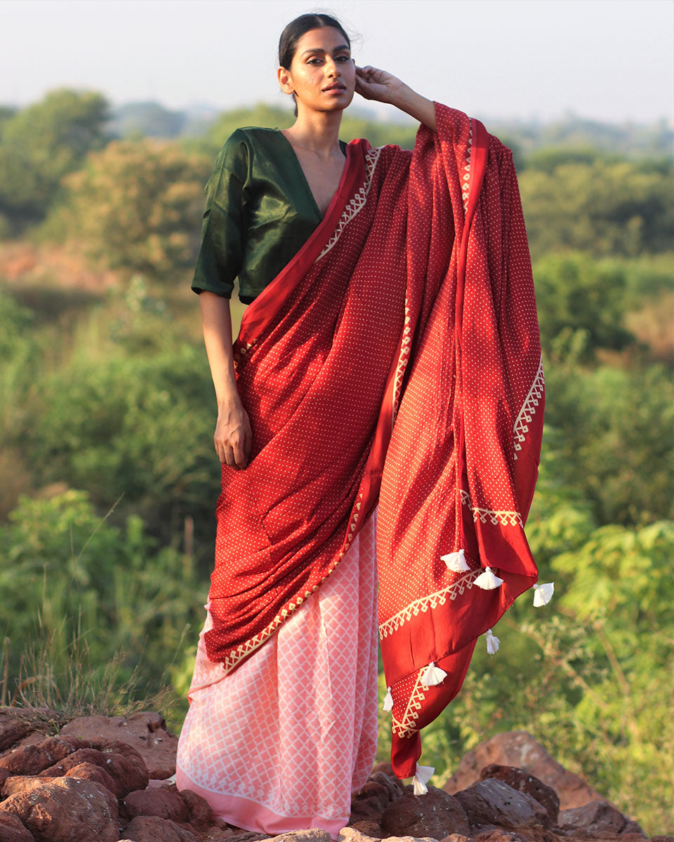 Chidiyaa Red Modal Silk Saree with Unstitched Blouse