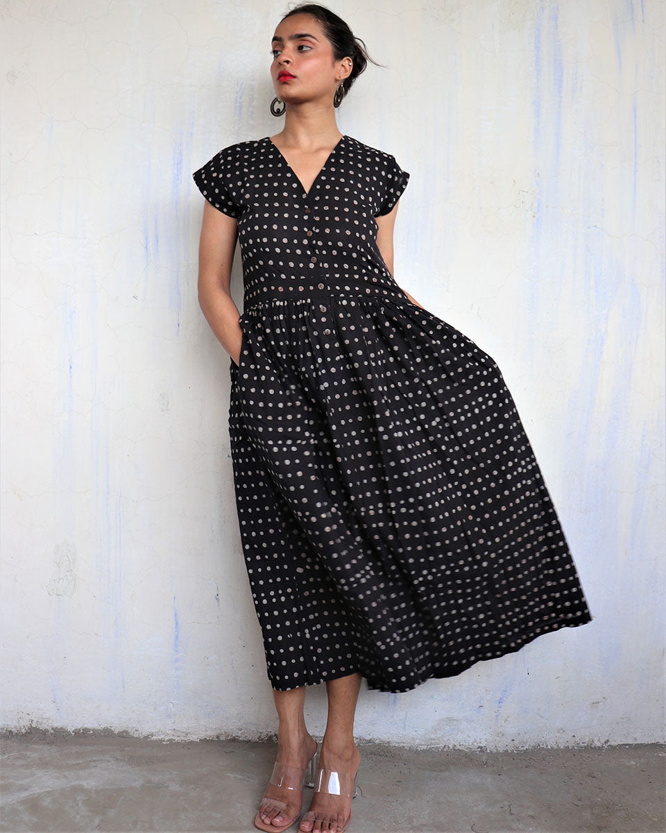 CHIDIYAA Black Pure Cotton Block Printed Dress Mono