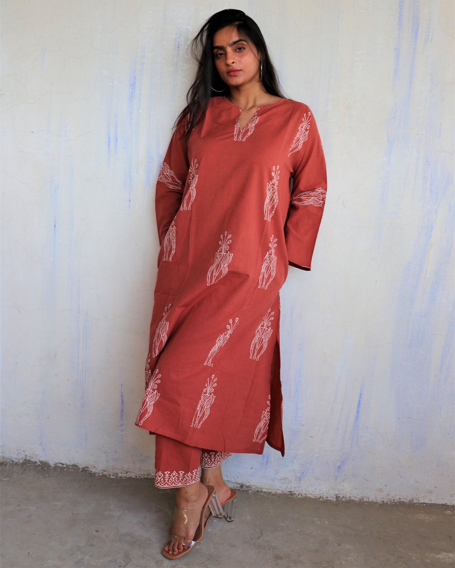 Chidiyaa Rust Red Planter Printed Cotton Kurta (Set of 2)