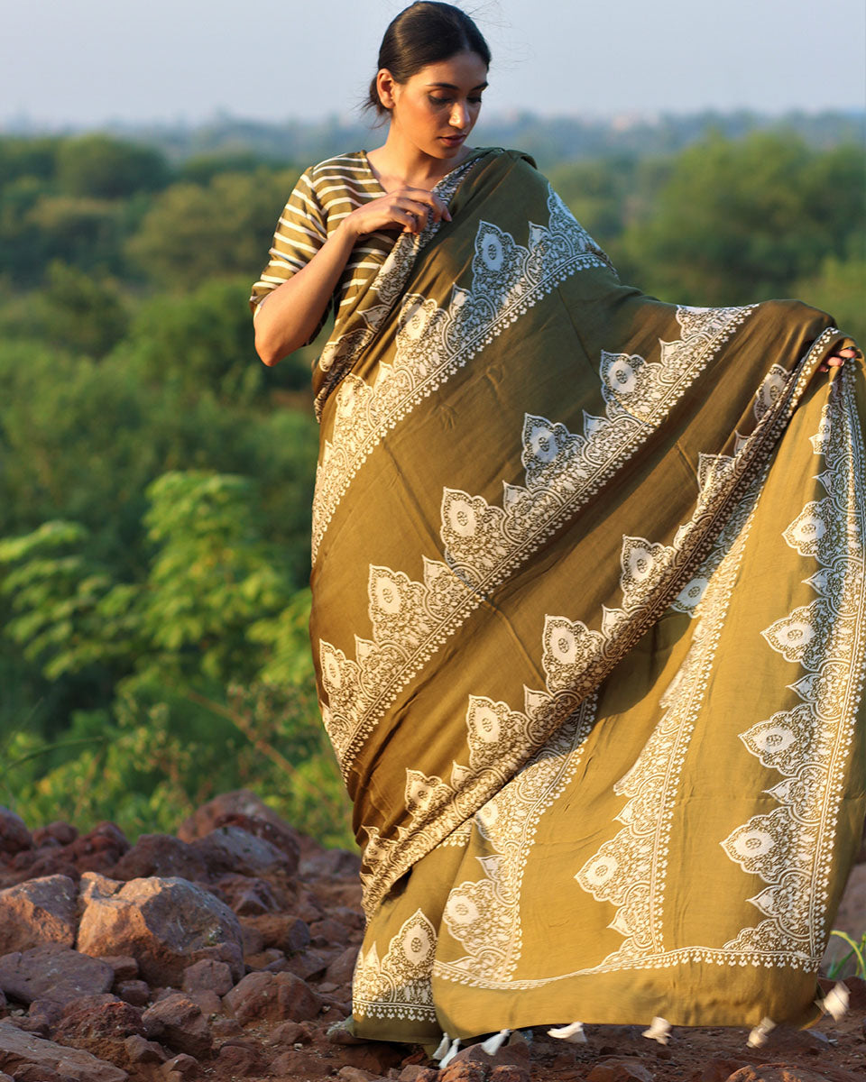 Chidiyaa Olive Modal Silk Saree with Unstitched Blouse