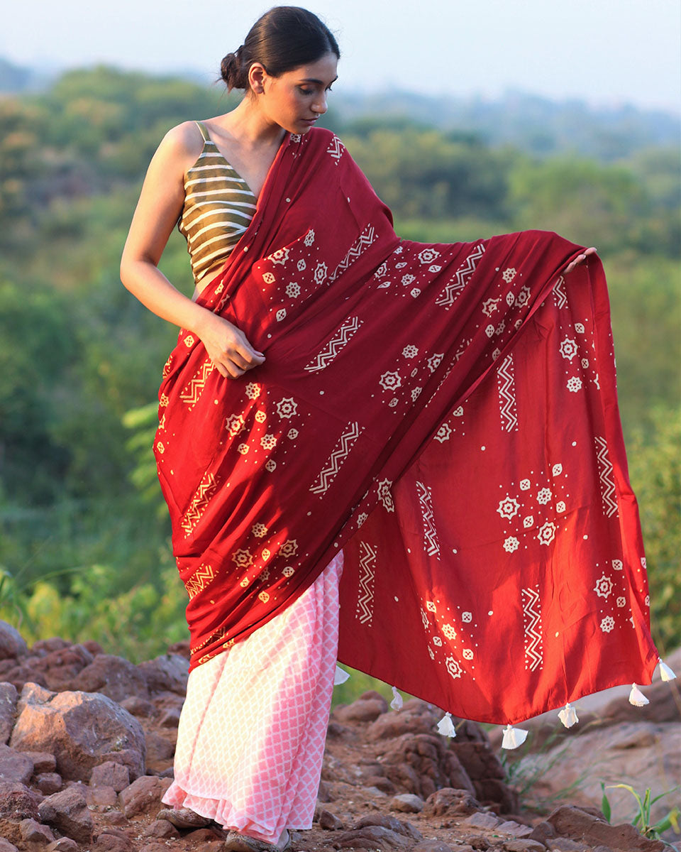 Chidiyaa Red Modal Silk Saree with Unstitched Blouse
