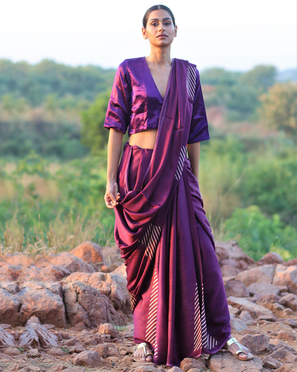 Chidiyaa Purple Modal Silk Saree with Unstitched Blouse