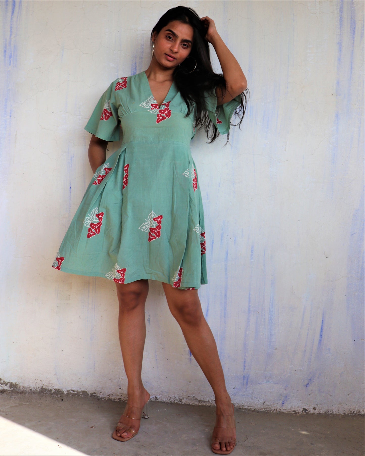 Chidiyaa Sea Blue Leaf Printed Cotton Dress Ib