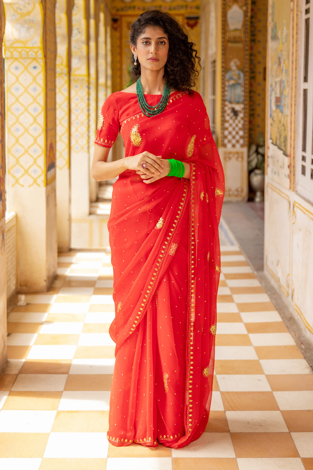 Red Handcrafted Gota Patti Chiffon Saree - Geroo Jaipur
