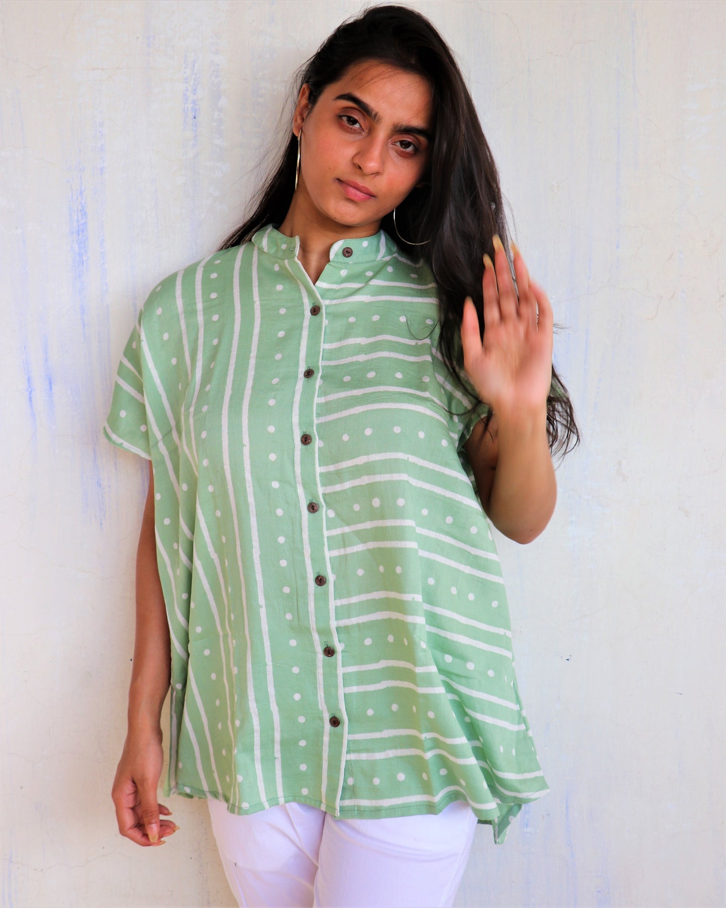 Chidiyaa Mint Green Striped Printed Cotton Shirt
