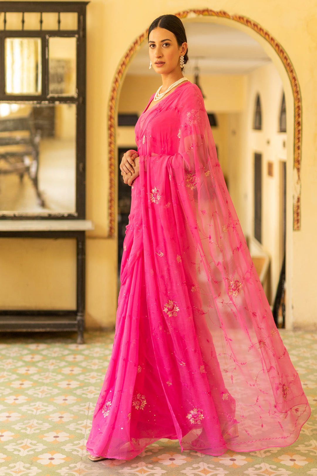 Pink Hand Embroidered Chiffon Saree - Geroo Jaipur