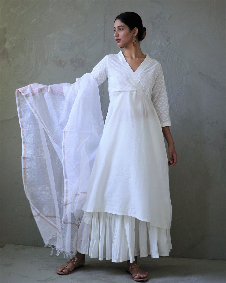 Chidiyaa White Kota Doria Hand Printed Dupatta - Safed
