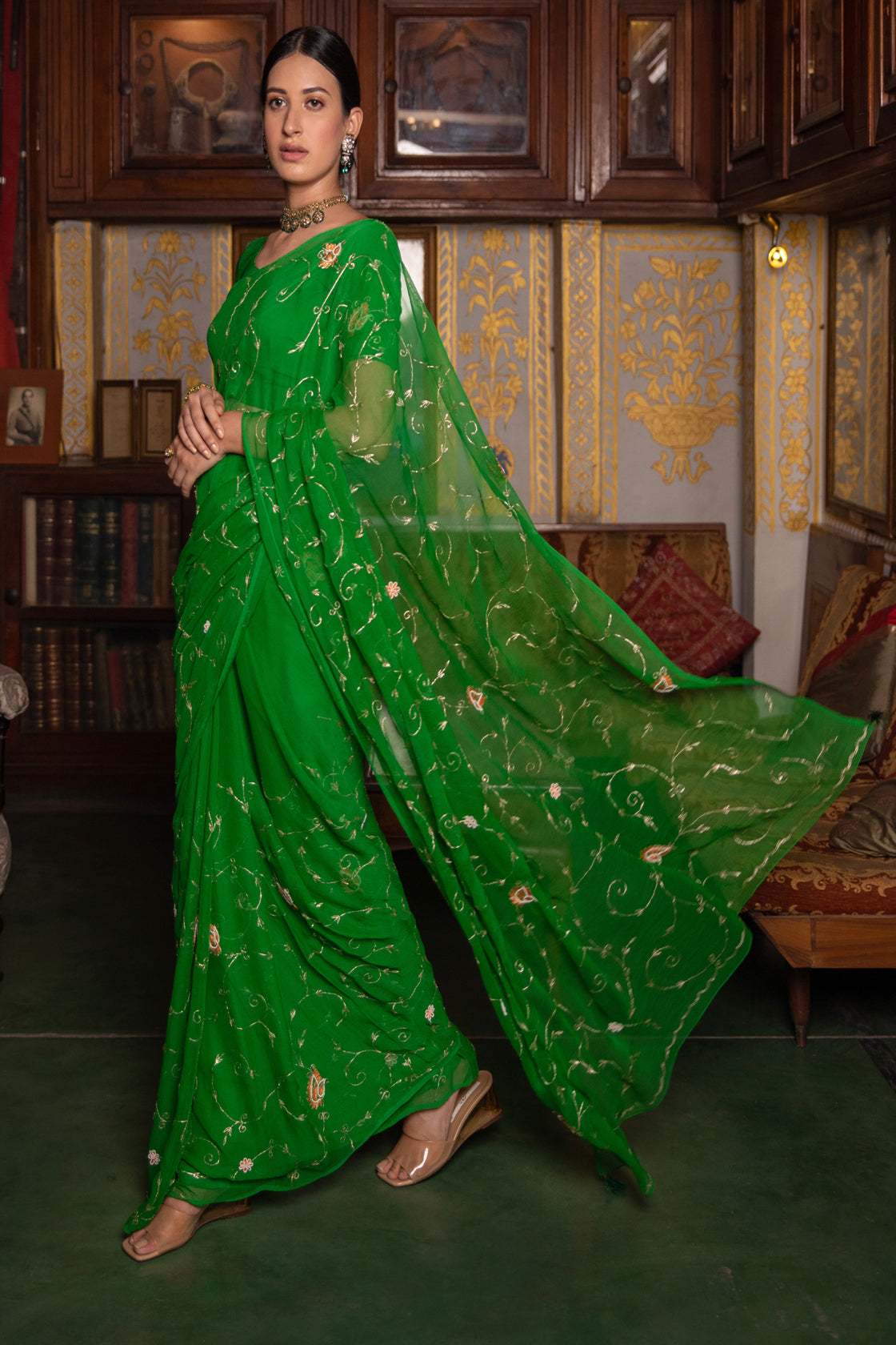 Shop Dark-Green Embroidered Cotton Festival Wear Saree With Blouse From  Ethnic Plus