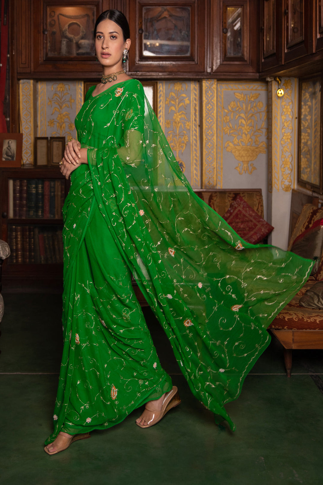 Dark Green Hand Embroidered Saree - Geroo Jaipur