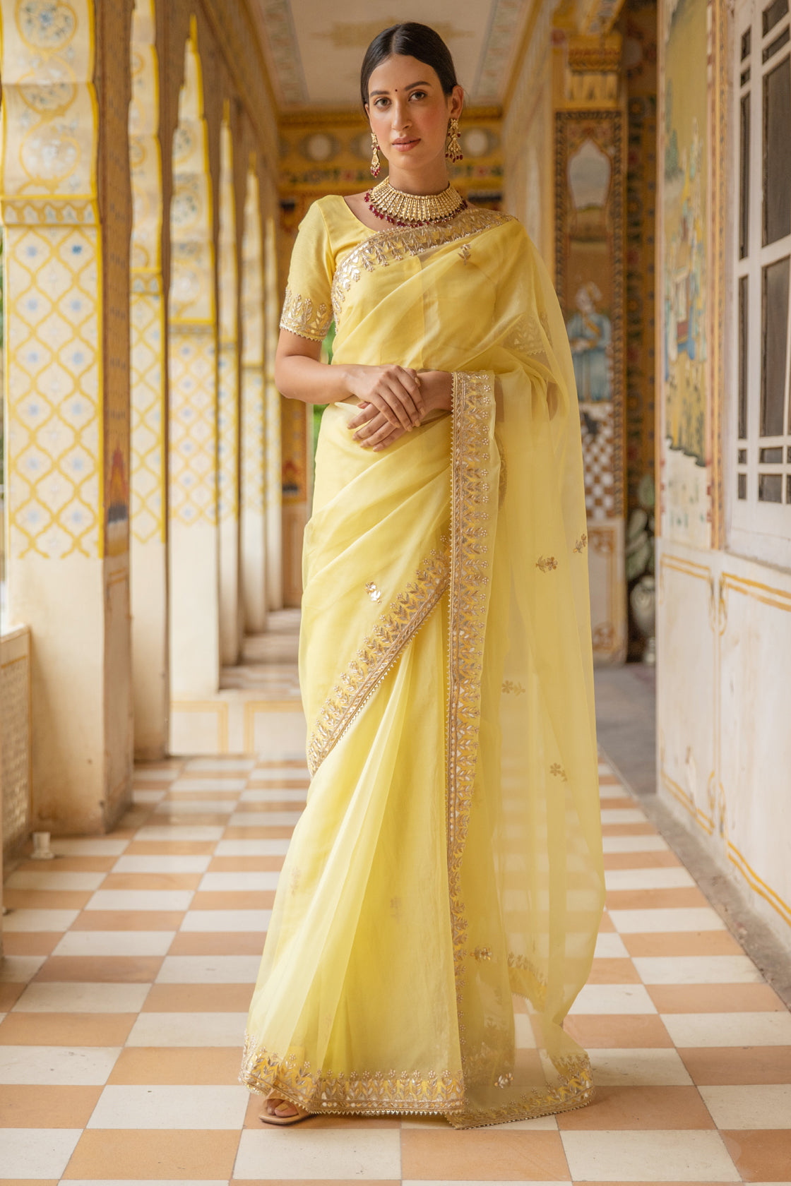 Yellow Georgette Leheriya Saree with Gota Patti Work