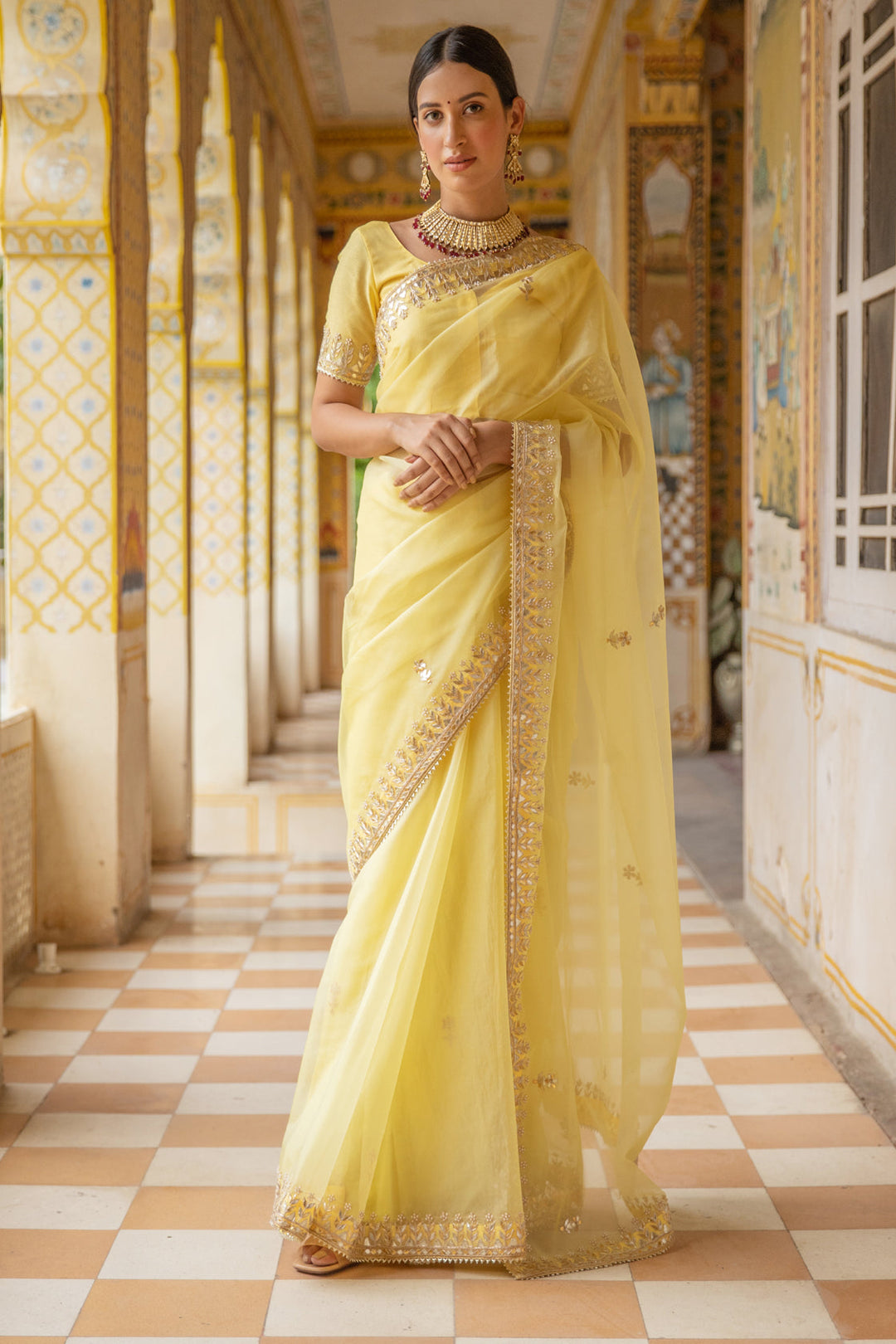 Yellow Handcrafted Gota Patti Organza Saree - Geroo Jaipur