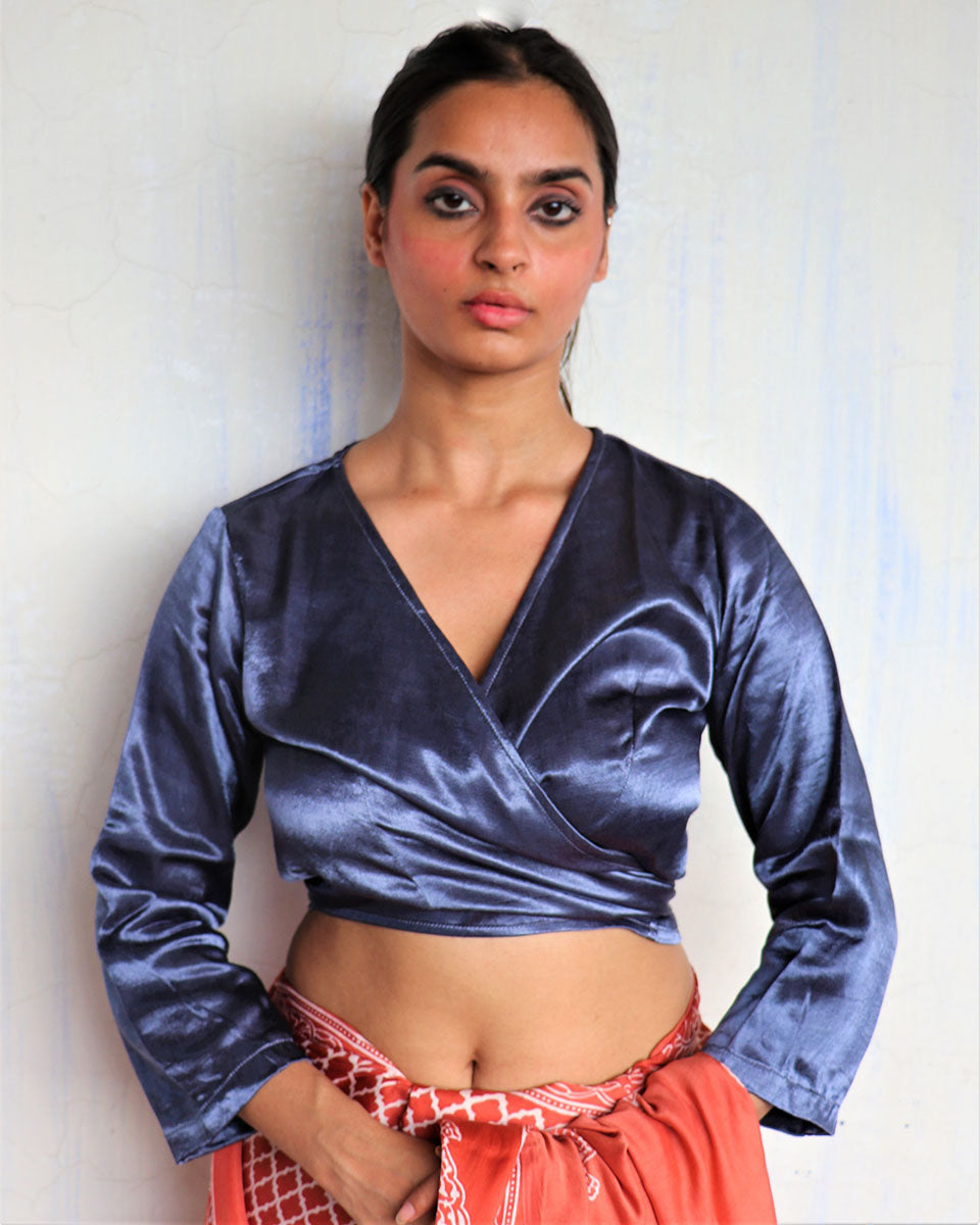 CHIDIYAA Bluish Grey Tie Up Mashru Silk Blouse Sahar