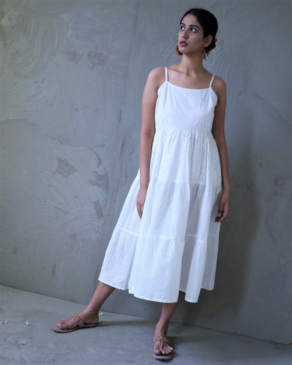 Chidiyaa White Block Printed Cotton Dress - Safed