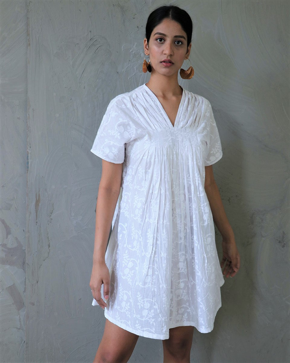 Chidiyaa White Block Printed Cotton Dress - Safed