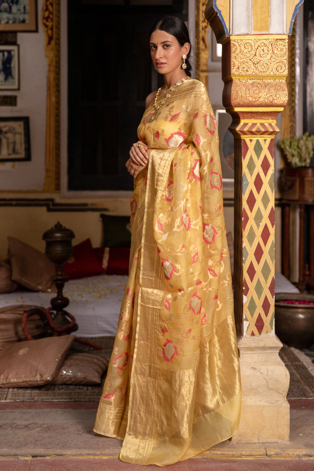 Yellow Hand Woven Pure Kota Silk Saree - Geroo Jaipur
