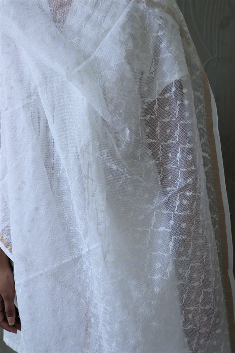 Chidiyaa White Kota Doria Hand Printed Dupatta - Safed