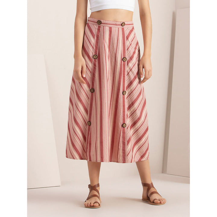 Earthen BY INDYA Blush Striped Buttoned Midi Skirt