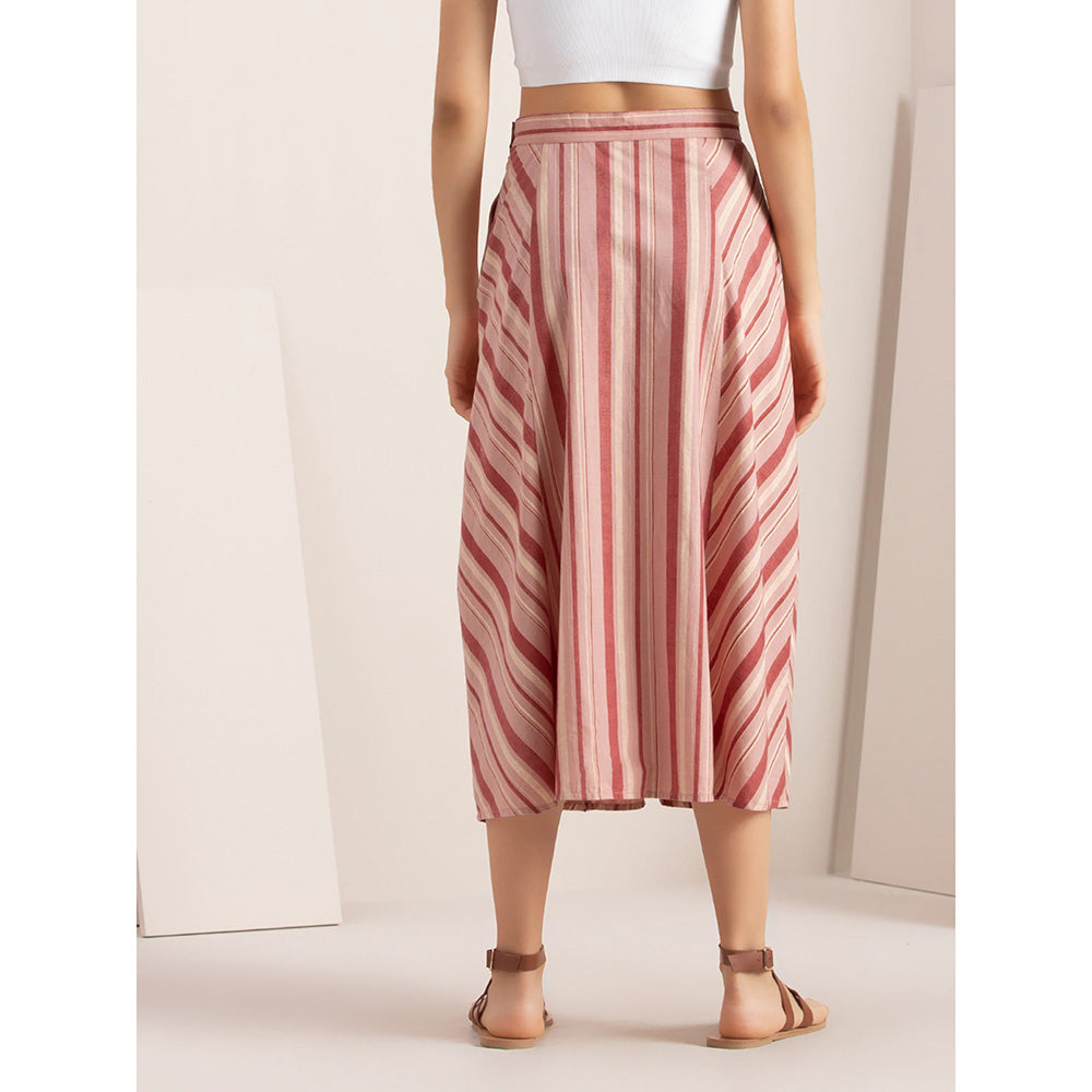 Earthen BY INDYA Blush Striped Buttoned Midi Skirt