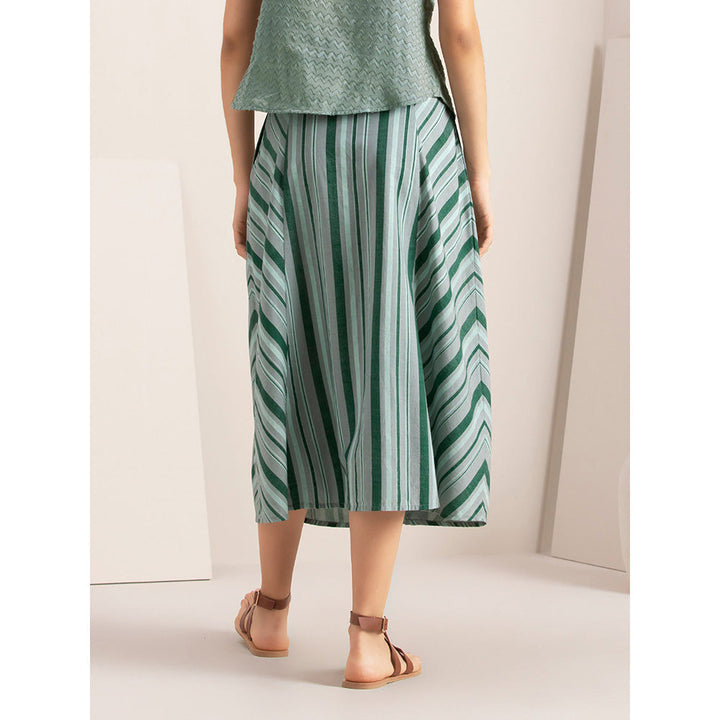 Earthen BY INDYA Green Striped Buttoned Midi Skirt