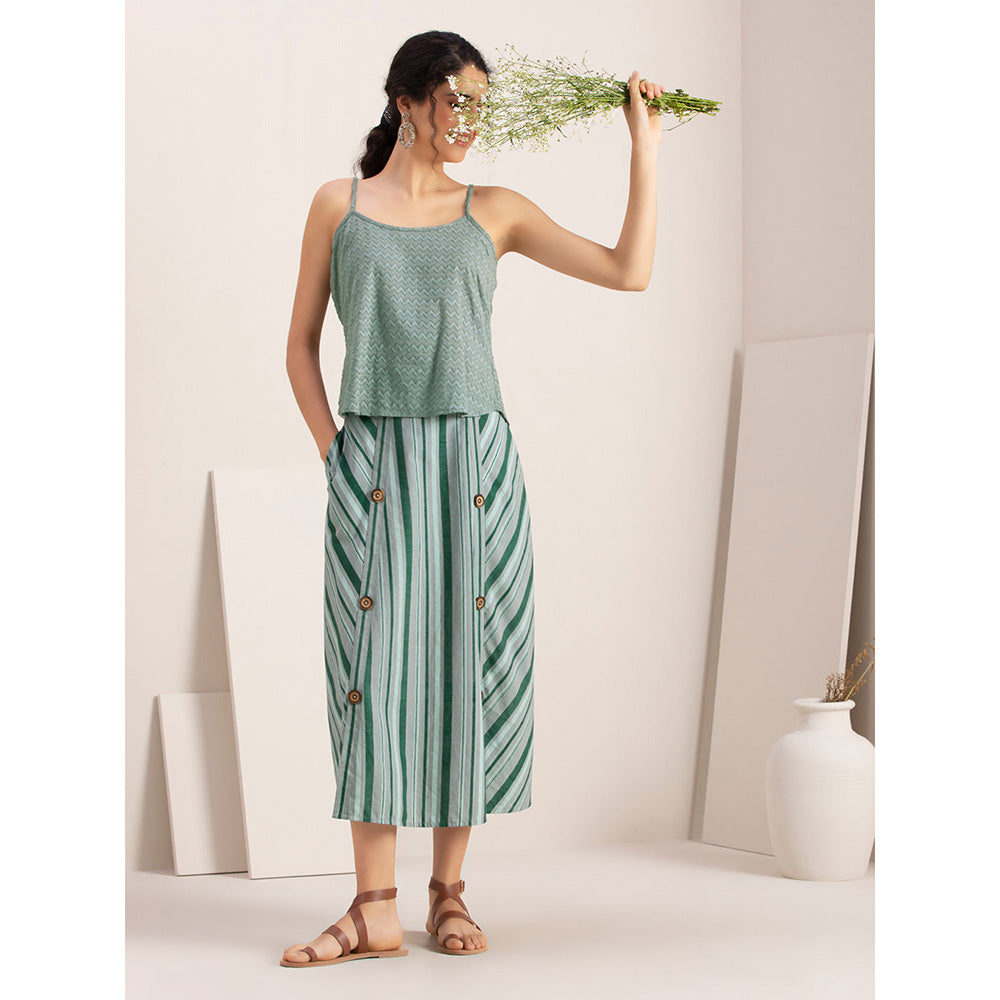 Earthen BY INDYA Green Striped Buttoned Midi Skirt