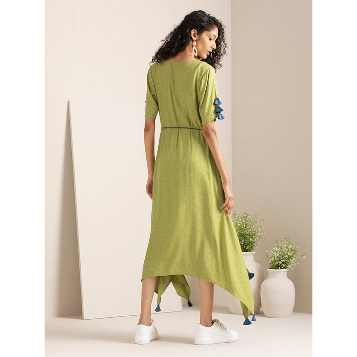 Earthen BY INDYA Green Belted Tasselled High Low Dress
