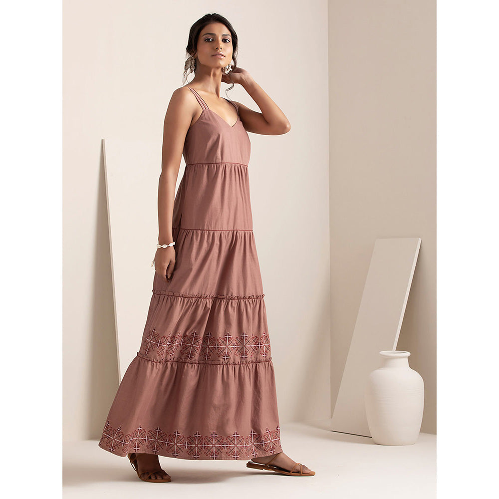 Earthen BY INDYA Rose Pink Embroidered Tiered Maxi Dress