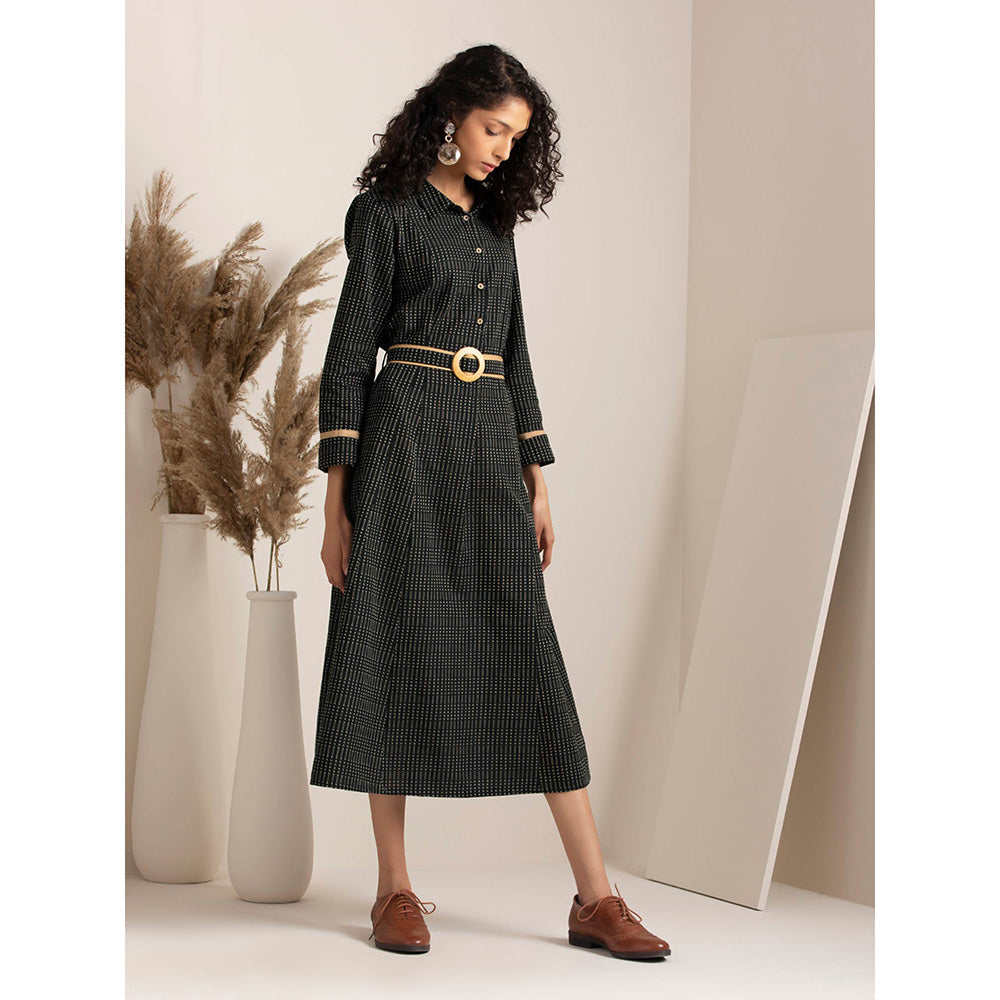 Earthen BY INDYA Black Collared Belted A-Line Dress