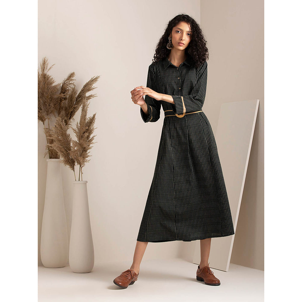 Earthen BY INDYA Black Collared Belted A-Line Dress