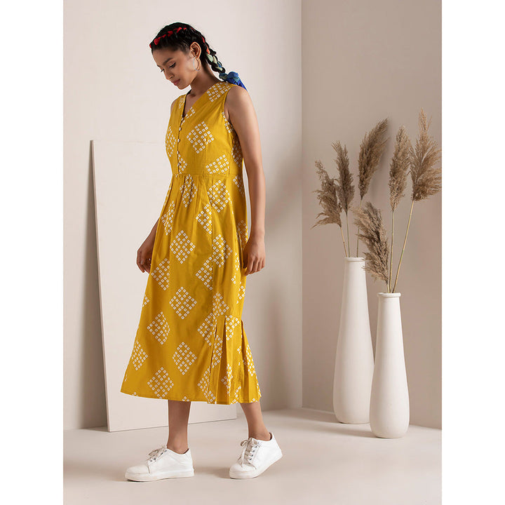 Earthen BY INDYA Mustard Geo Pleated A-Line Dress