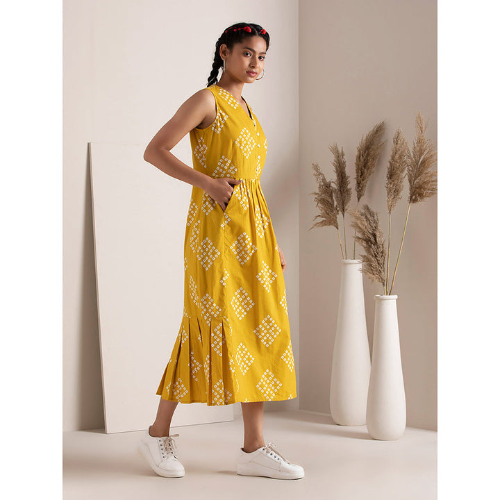 Earthen BY INDYA Mustard Geo Pleated A-Line Dress