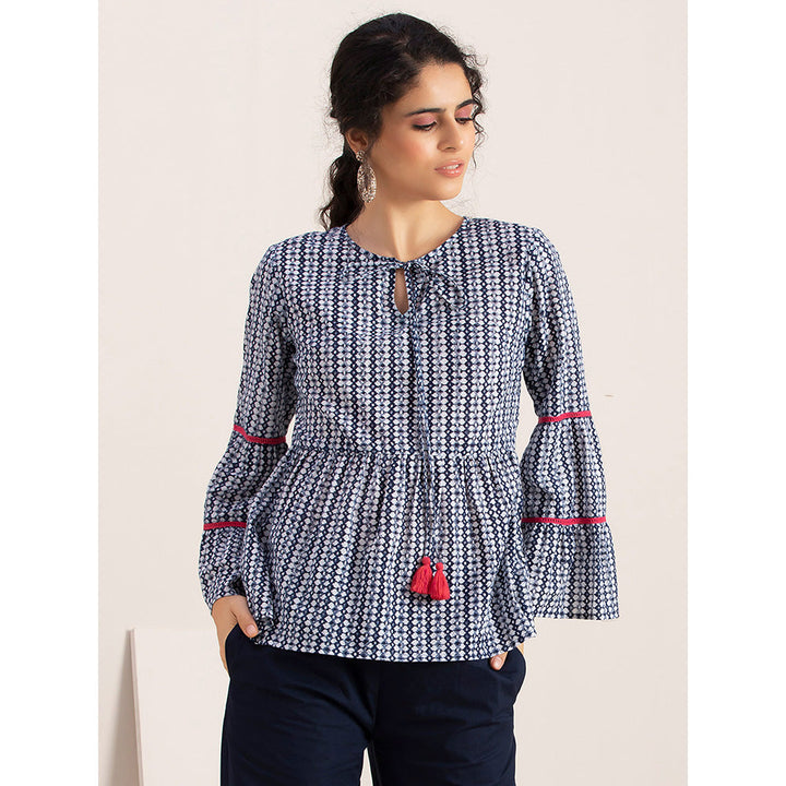 Earthen BY INDYA Blue Block Print Flared Sleeve Top