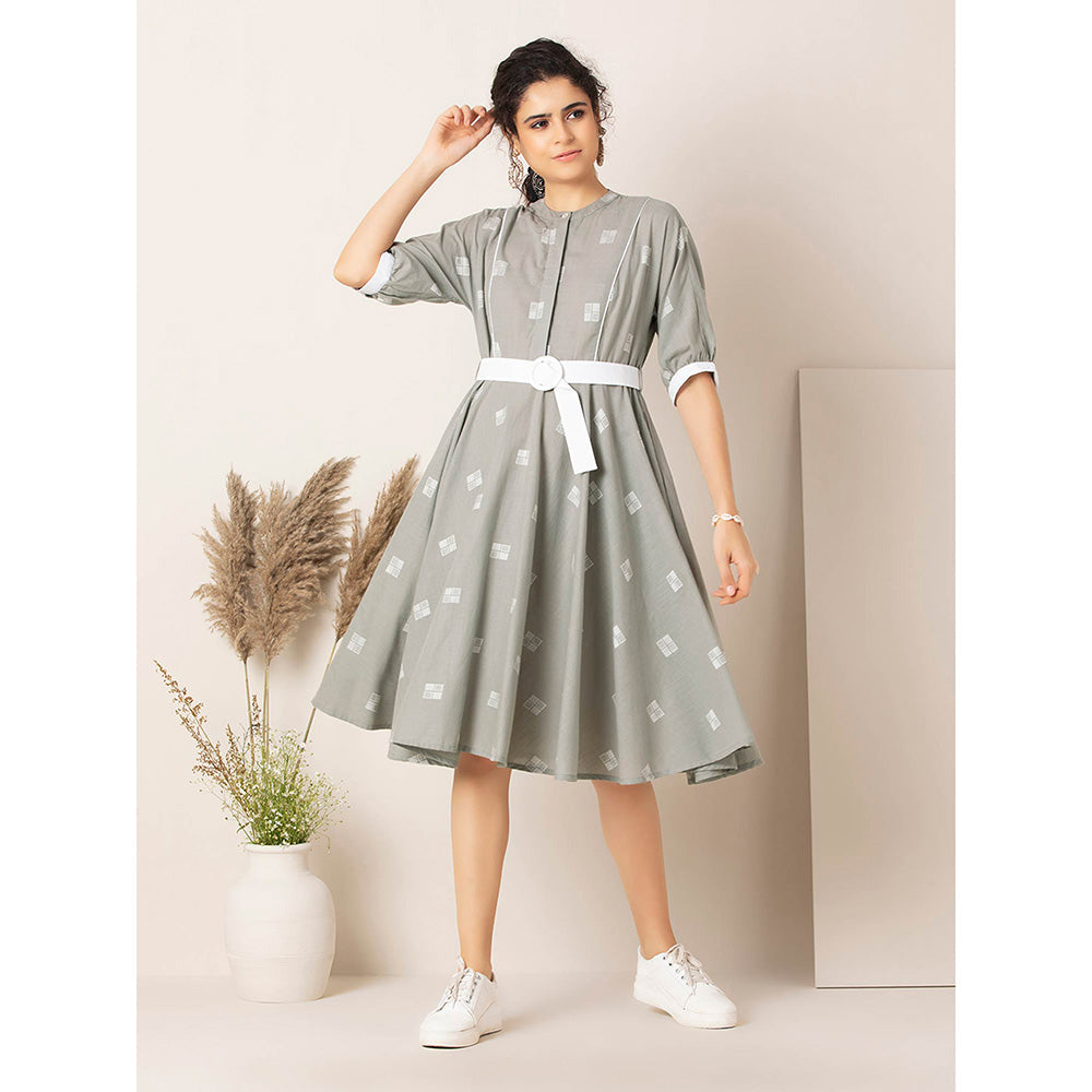 Earthen BY INDYA Grey Boota Belted Circular A-Line Dress