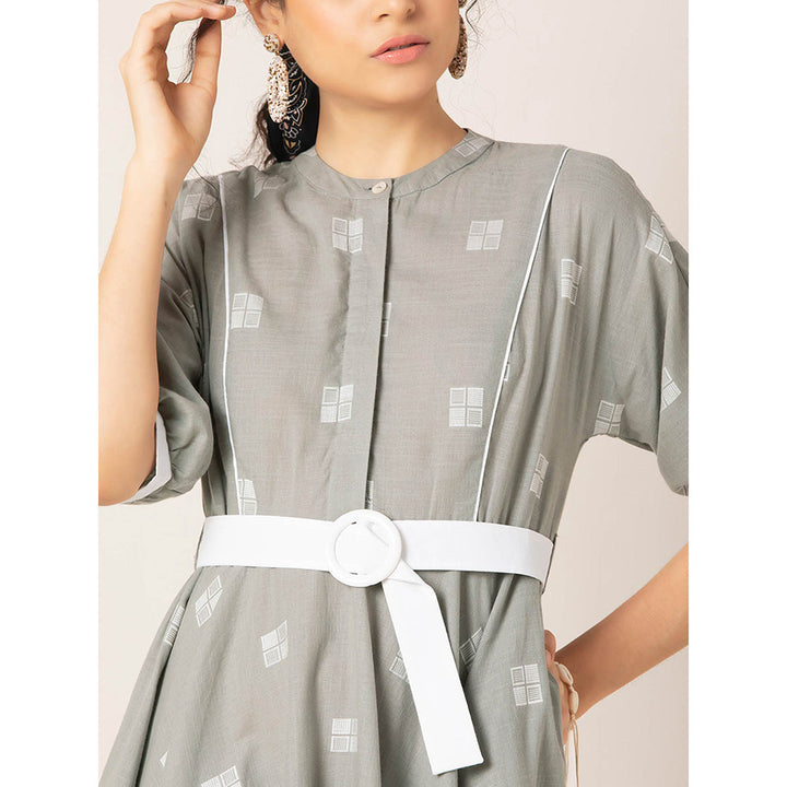 Earthen BY INDYA Grey Boota Belted Circular A-Line Dress