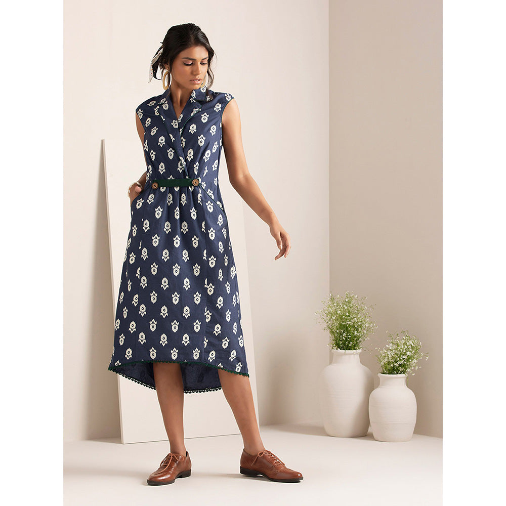 Earthen BY INDYA Blue Boota Collared High Low Dress