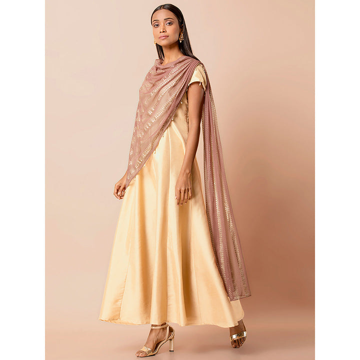Indya Beige Maxi Dress With Attached Foil Print Dupatta