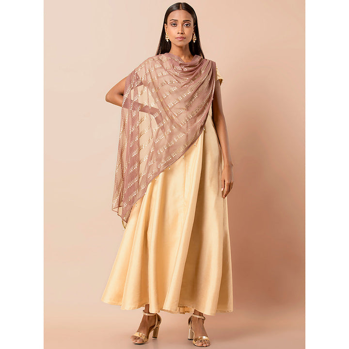 Indya Beige Maxi Dress With Attached Foil Print Dupatta