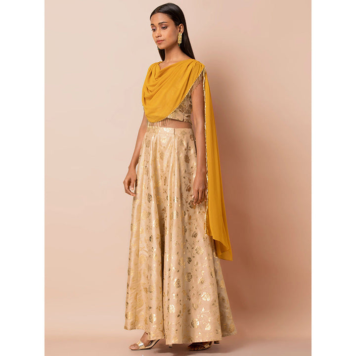 Indya Beige Foil Blouse With Attached Mustard Dupatta