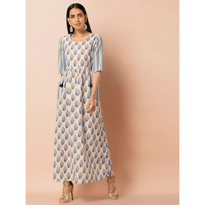 Indya Beige Cotton Printed Maxi Tunic with Patch Pockets