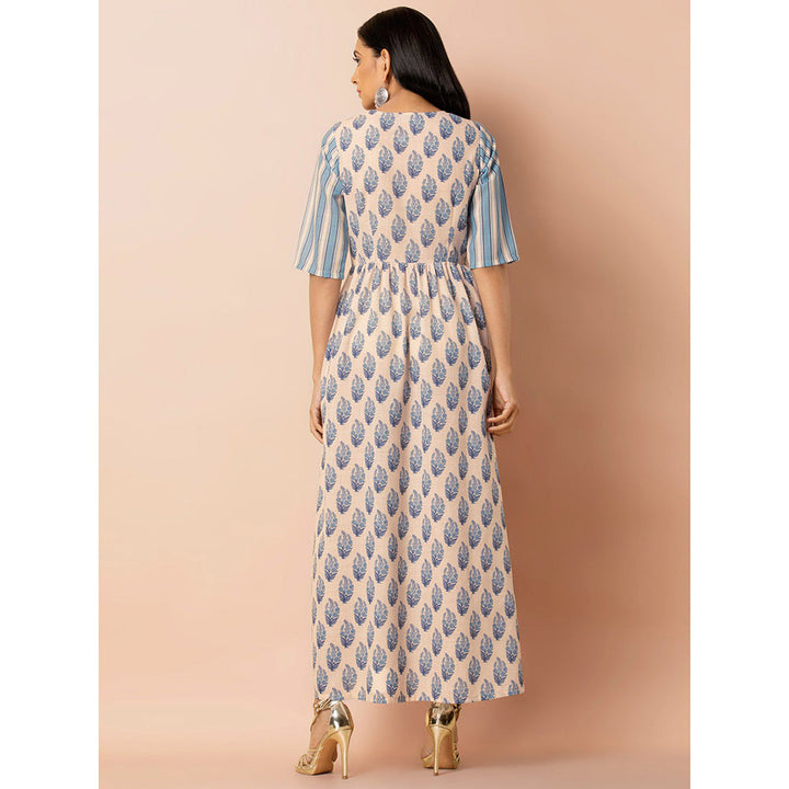 Indya Beige Cotton Printed Maxi Tunic with Patch Pockets