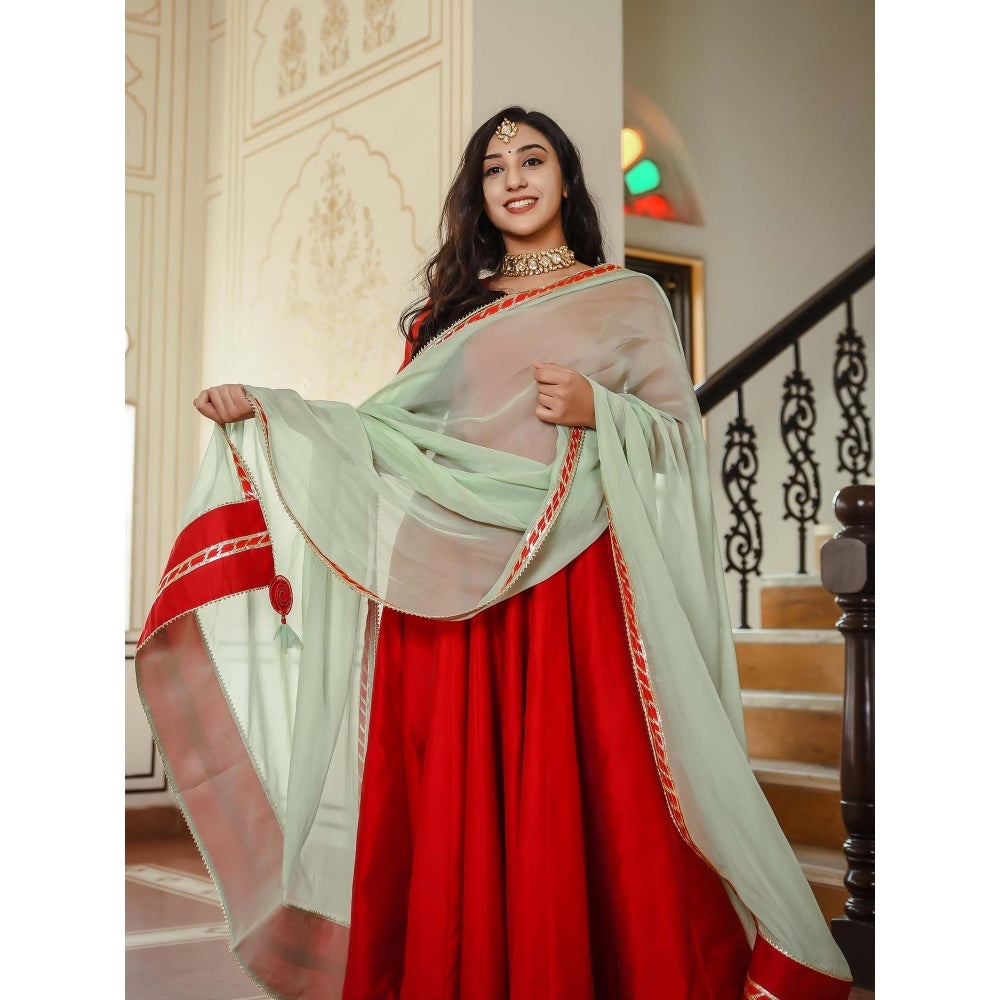 Indian Virasat Crimson Red Chanderi Gown With Pista Green Dupatta (Set of 2)