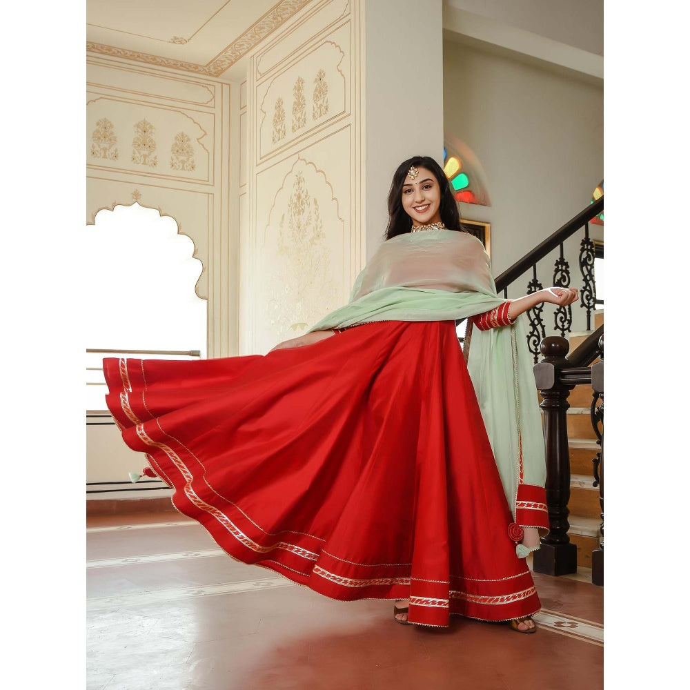 Indian Virasat Crimson Red Chanderi Gown With Pista Green Dupatta (Set of 2)