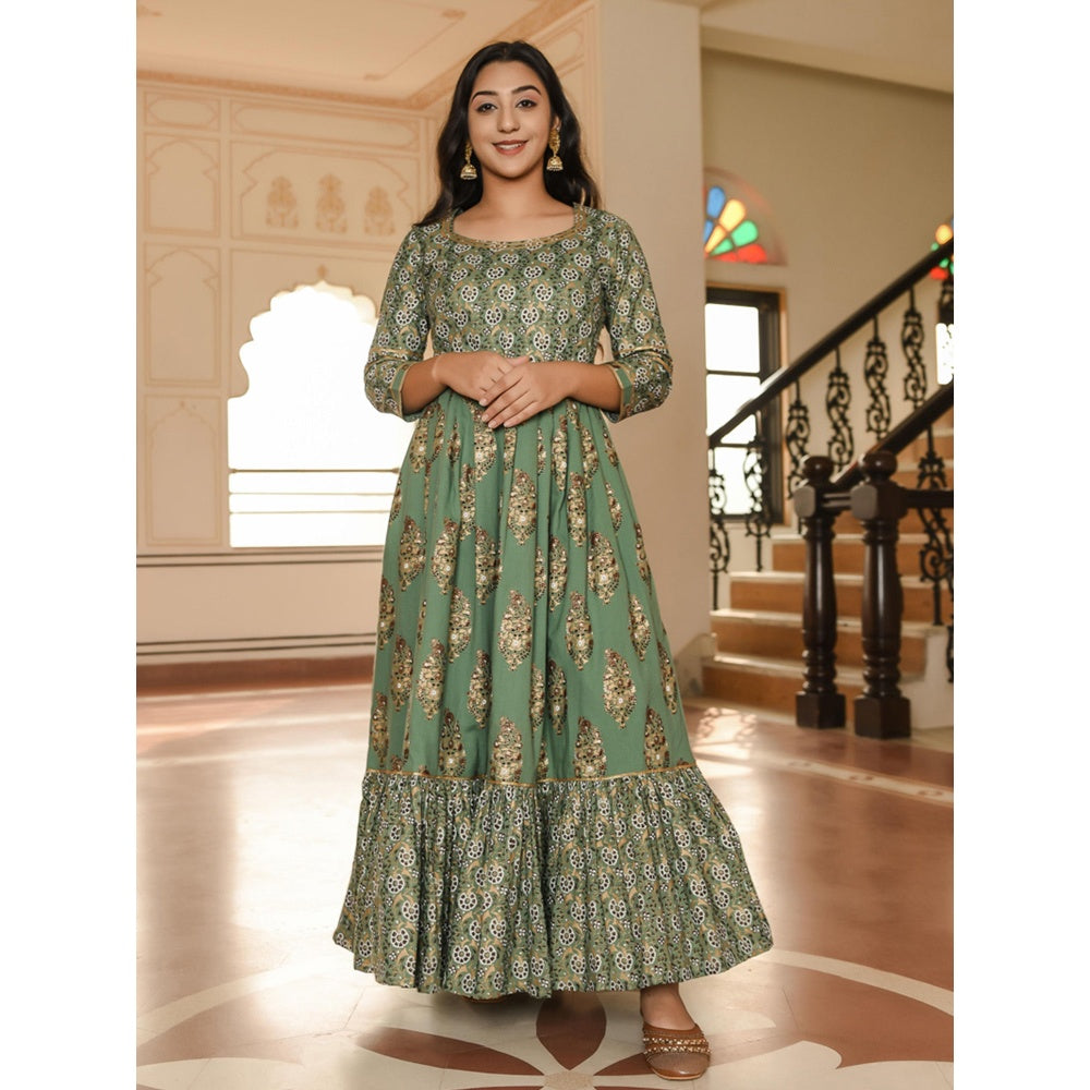Indian Virasat Juniper Green Jal and Boota Print Dress