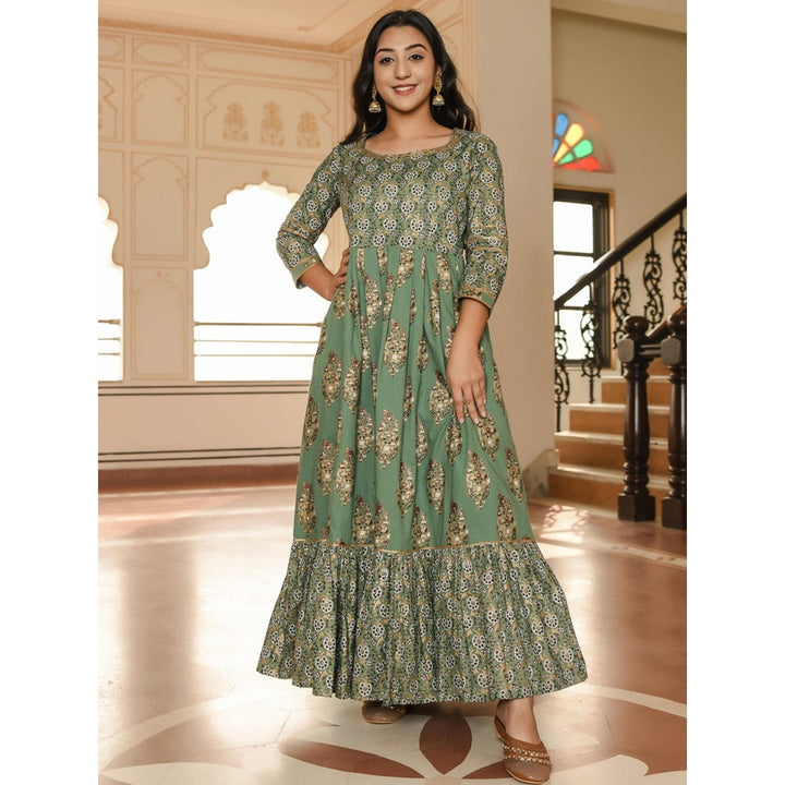 Indian Virasat Juniper Green Jal and Boota Print Dress